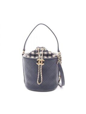 Chanel Shoulder Bag Quilted Small Bucket Navy Leather Fabric